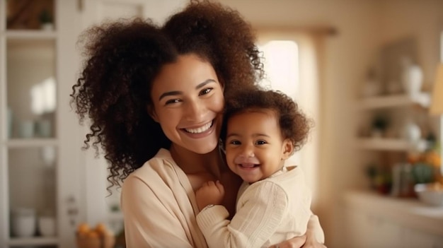 gelukkige genegen jonge Afro-Amerikaanse moeder die een schattig klein kindje in haar armen houdt