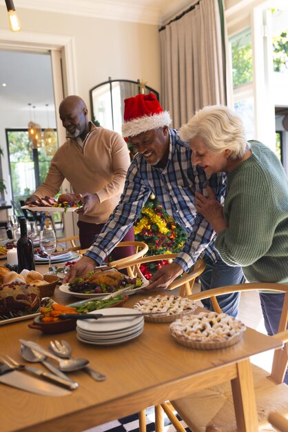 Gelukkige gevarieerde groep oudere vrienden in kerstmanhoeden die eten serveren in een zonnige eetkamer thuis