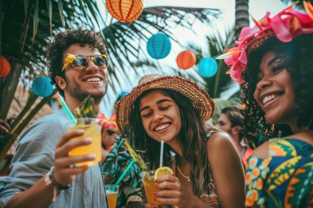 Foto gelukkige gezichten genieten van een zomerfeest met een tropisch thema