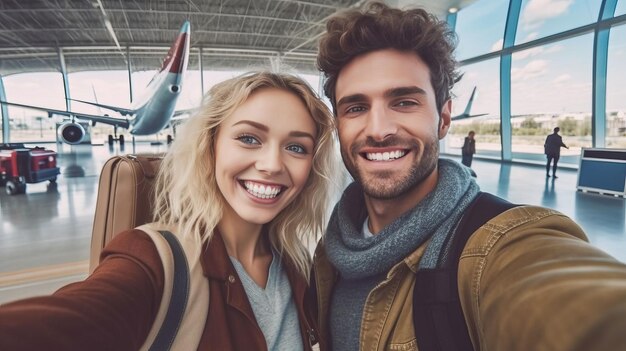 Gelukkige glimlach jonge vrouw en jongen vriend selfie met reis tas op de luchthaven