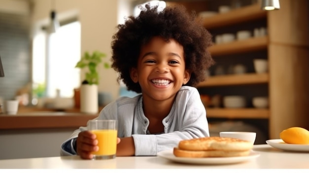 Gelukkige glimlach kind aan tafel in de keuken met een gezond ontbijt in de ochtend