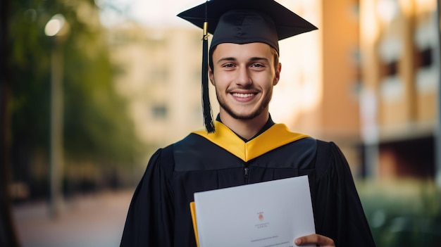 Gelukkige glimlachende afgestudeerde student in een academische jurk die voor de universiteit staat