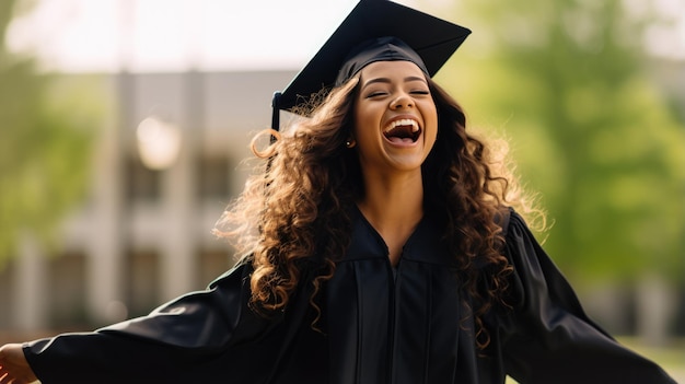 Gelukkige glimlachende afgestudeerde student in een academische jurk die voor de universiteit staat