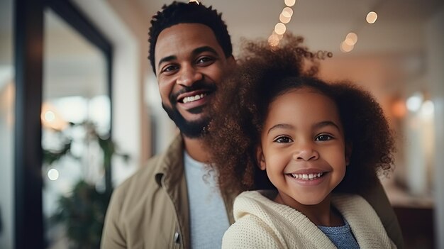 Foto gelukkige glimlachende afro-amerikaanse familie met kinderen die samen thuis in de woonkamer poseren