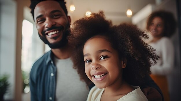 Foto gelukkige glimlachende afro-amerikaanse familie met kinderen die samen thuis in de woonkamer poseren