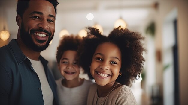 Foto gelukkige glimlachende afro-amerikaanse familie met kinderen die samen thuis in de woonkamer poseren