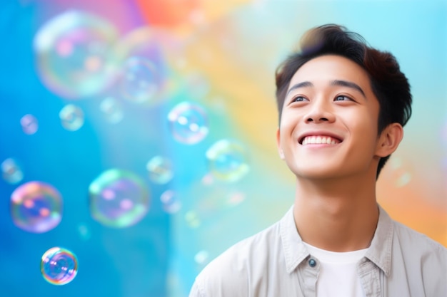 Gelukkige glimlachende Aziatische man op kleurrijke achtergrond met regenboog zeep ballon met gradiënt