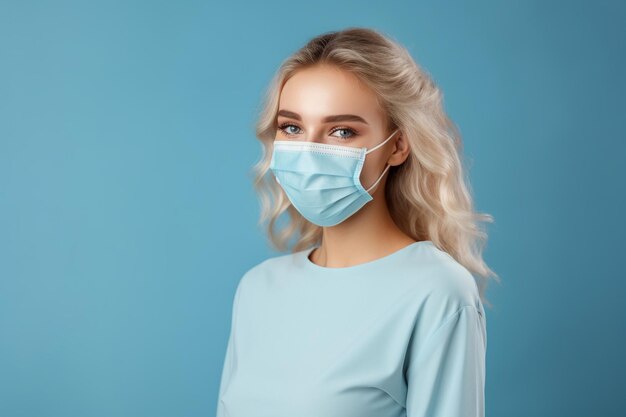 Gelukkige glimlachende blanke vrouw met een medisch gezichtsmasker.