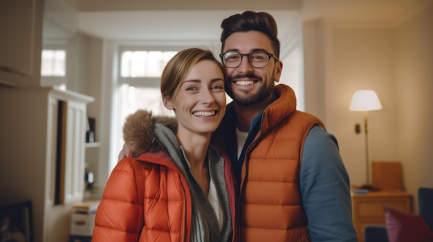 Foto gelukkige glimlachende echtpaar in nieuw huis