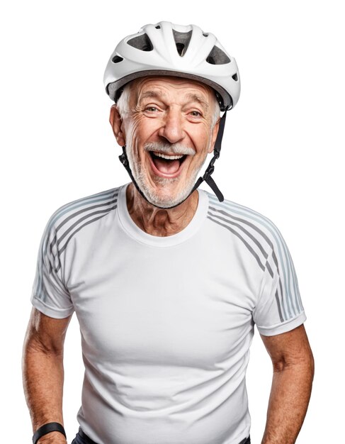 Gelukkige glimlachende gepensioneerde man in fietsuniform en fietshelm geïsoleerd op wit