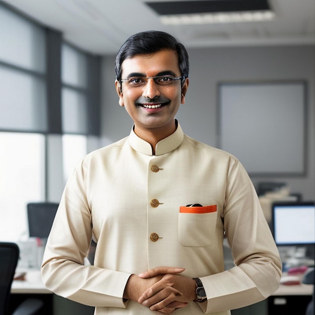 Gelukkige glimlachende Indiase zakenman leider kijkt weg met vertrouwen staand in het kantoor glimlachende jonge professionele zakenman manager en executive uit India