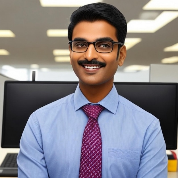 Foto gelukkige glimlachende indiase zakenman leider kijkt weg met vertrouwen staand in het kantoor glimlachende jonge professionele zakenman manager en executive uit india