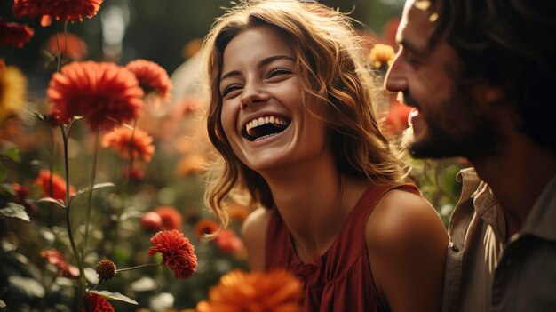 Foto gelukkige glimlachende jonge koppel bloemen buiten achtergrond afbeelding desktop behang