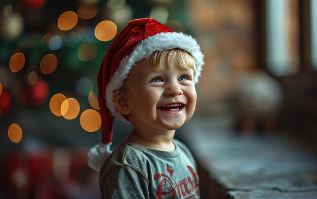 Gelukkige glimlachende jongen met kerstmanhoed op de achtergrond van Kerstmis