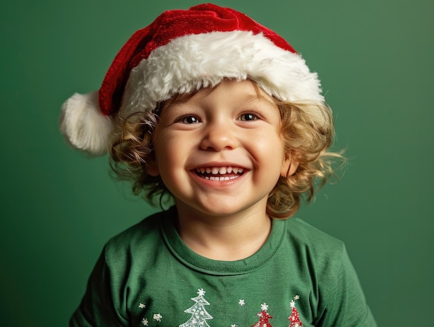 Gelukkige glimlachende jongen met kerstmanhoed op de achtergrond van Kerstmis
