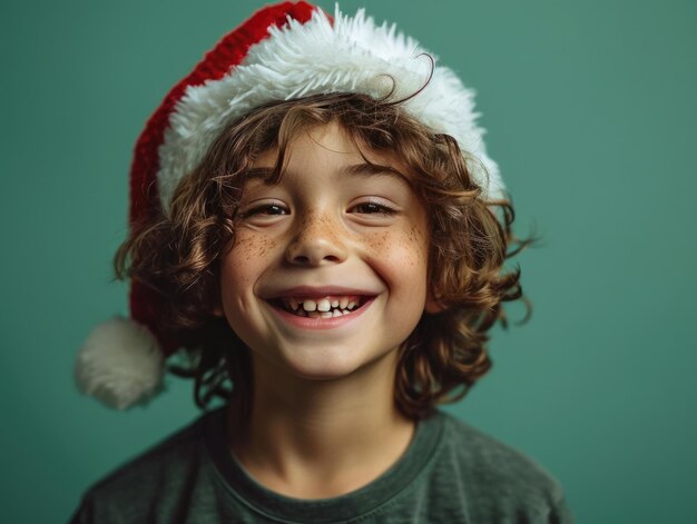 Gelukkige glimlachende jongen met kerstmanhoed op de achtergrond van Kerstmis