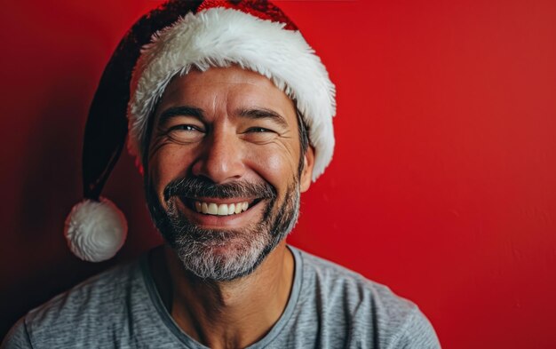 Gelukkige glimlachende knappe man met kerstmanhoed op de achtergrond van Kerstmis