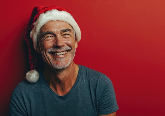 Gelukkige glimlachende oude man met kerstmanhoed op de achtergrond van Kerstmis