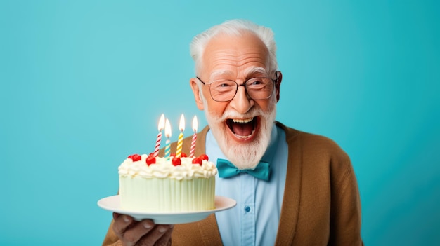 Gelukkige glimlachende oudere man met een geschenkdoos op een gekleurde achtergrond