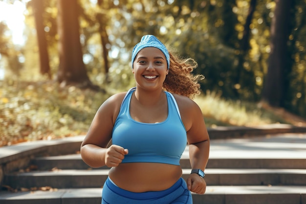 Gelukkige glimlachende overgewicht vrouw die in de zomer in het park jogt Portret van vrolijke mooie dikke mollige dikke jonge dame in blauwe sportbh en zweetband die stenen trappen in het groene stadspark afloopt