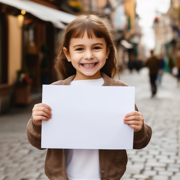 Foto gelukkige glimlachende schattige kind meisje met wit kopieerruimte blad tekenpapier kunst onderwijs creativiteit reclame concept