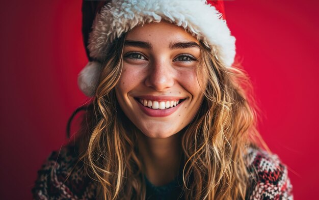 Gelukkige glimlachende schoonheid meisje met kerstman hoed op de achtergrond van Kerstmis