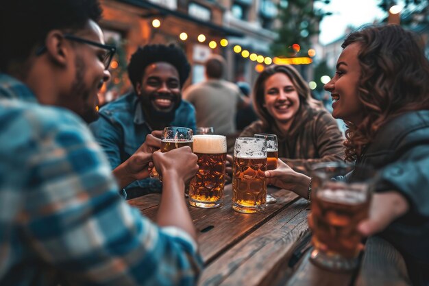 Gelukkige glimlachende vrienden drinken bierglazen zitten aan de tafel van een brouwerij, een pub en een restaurant.