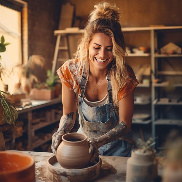 Foto gelukkige glimlachende vrouw keramiekwerker werkt achter een pottenbakkerswiel in een aardewerkwerkplaats