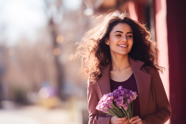 Gelukkige glimlachende vrouw met een boeket paarse bloemen in de natuur bij het huis