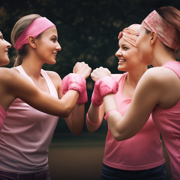 Foto gelukkige glimlachende vrouwen met roze hoofdbanden vechten tegen kanker gelukkige borstkanker overlevenden