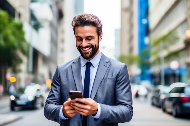 Gelukkige glimlachende zakenman met een smartphone die in het kantoor staat Portret van een man in een pak die een mobiele telefoon vasthoudt in de stad gecreëerd met Generative Ai Technology