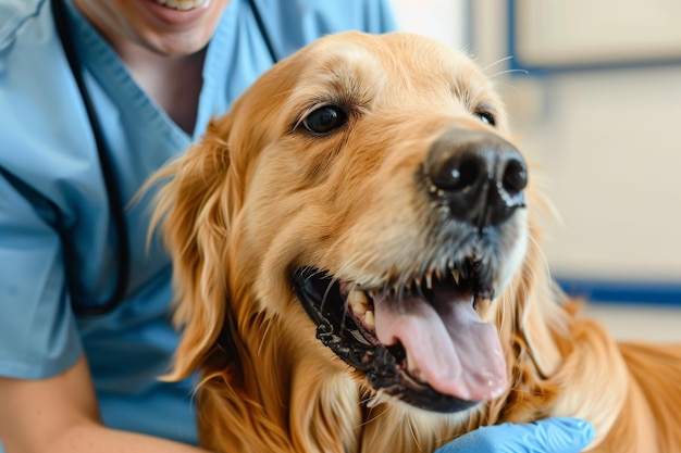 Gelukkige Golden Retriever met dierenarts in close-up