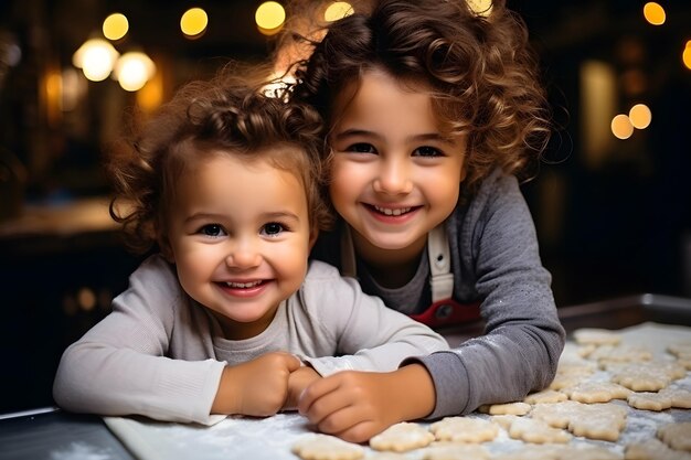 Gelukkige grappige familie moeder en kinderen bakken kerstkoekjes