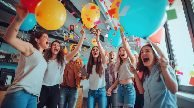 Gelukkige groep geniet van vrije tijd met ballonnen op een leuk verjaardagsfeestje AIG41