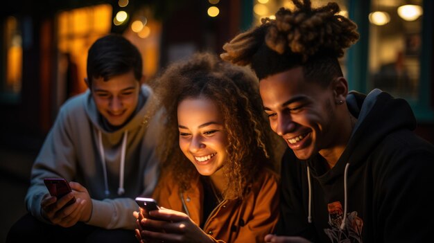 gelukkige groep vrienden zitten geïsoleerd over een grijze muurachtergrond met behulp van mobiele telefoon chatten