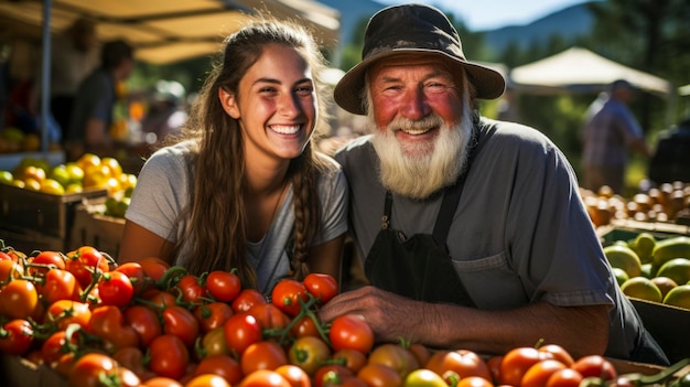 Gelukkige grootvader en kleindochter achter de toonbank die tomaten verkopen.