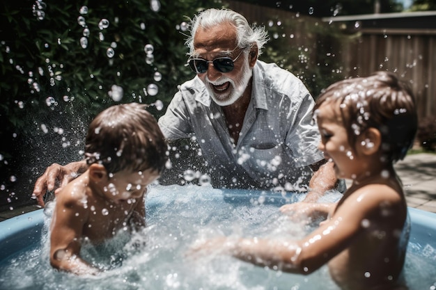 Gelukkige grootvader en kleinkinderen genieten van tijd samen, ze spetteren in het zwembad Positieve senior tijd doorbrengen met zijn kleinkinderen Familie van meerdere generaties Gelukkig actief pensioen Generatieve AI