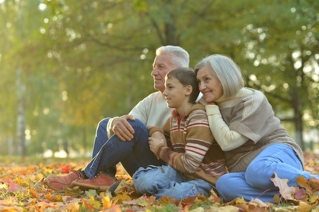 gelukkige grootvader, grootmoeder en kleinzoon in park