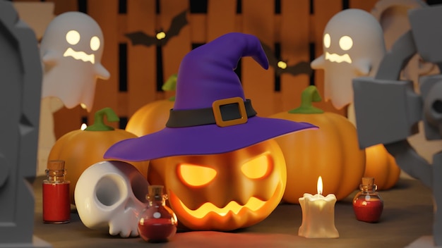 Gelukkige halloween-achtergrond met pompoenenheksenhoed spook en halloween-ornamenten 3D Rendering