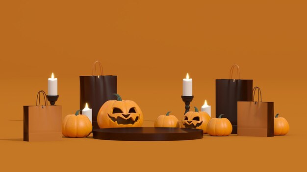 Gelukkige Halloween achtergrond Realistisch 3D-ontwerp podium ronde studio winkelzak kaars