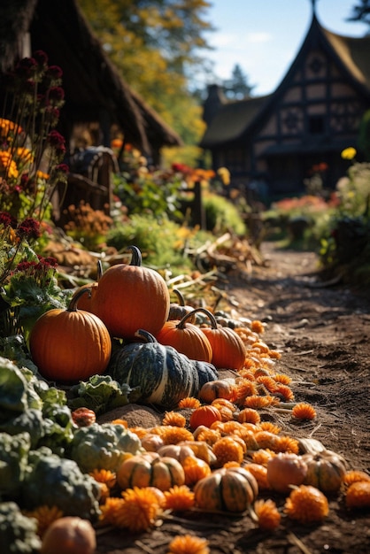 Gelukkige halloween angstaanjagende achtergrond en enge pompoenen in de tuin van een griezelig oud huis.