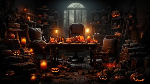 Foto gelukkige halloween feest spookachtige angstaanjagende achtergrond donkere scène griezelig halloween evenement uitnodiging poster