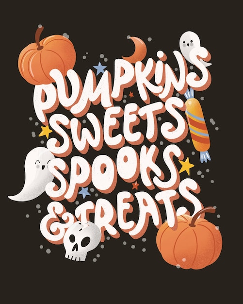 Foto gelukkige halloween illustratie met handlettering boodschap en schattige geesten en pompoenen donker