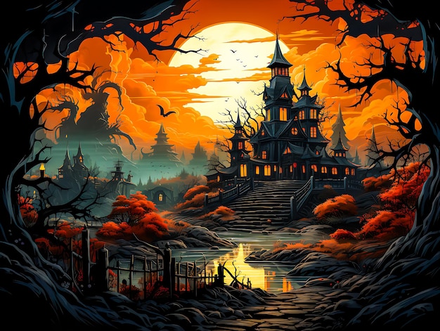 Gelukkige Halloween in de donkere nacht stad achtergrond