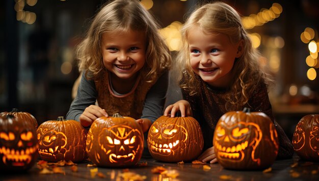 Gelukkige Halloween Leuke kleine meisjes met gebeeldhouwde pompoenen op donkere achtergrond