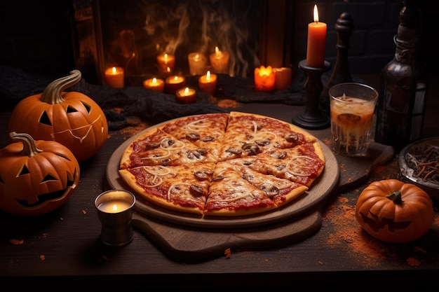 Gelukkige Halloween-Pepperonispizza met Pompoen en Kaarsen