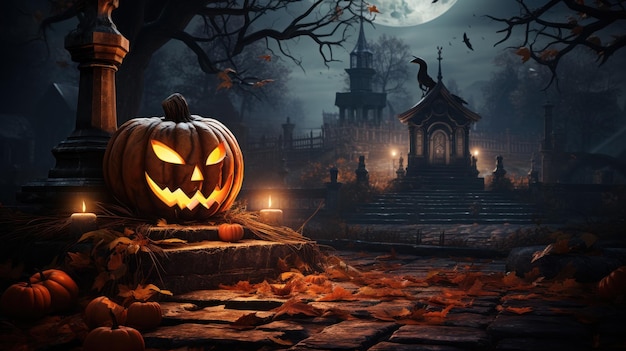 Gelukkige Halloween-vieringspompoen en donker kasteel met de spookachtige nachtmysteriou van de kerkhofvolle maan