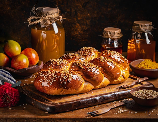 Gelukkige Hanukkah met een vers gouden bruin brood van challah op een houten tafel gevlochten met precisie een