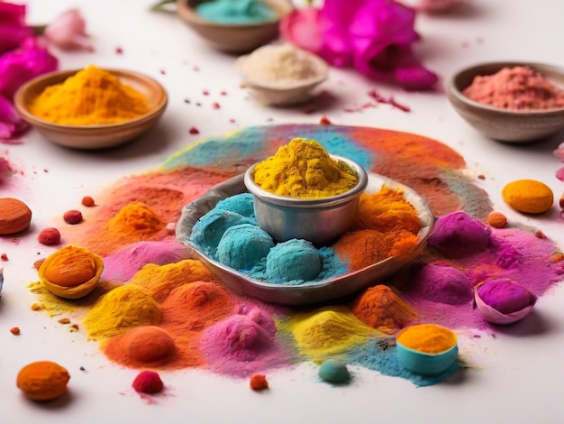 Gelukkige Holi-groetekaartje ontworpen met Indiase traditionele zoete en zout voedsel bloemen en powd