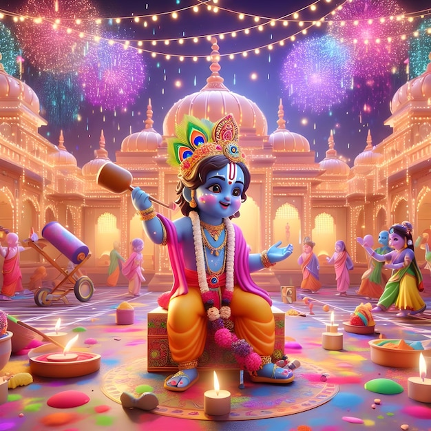 Gelukkige Holi viering met kleine Radha Krishna